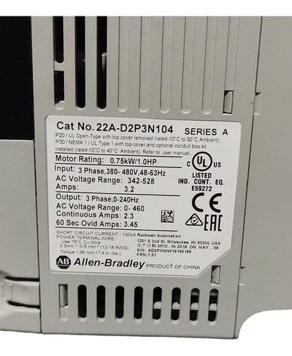 22a-d2p3n104 Allen-bradley Powerflex 4 Variador 1hp (Usado)