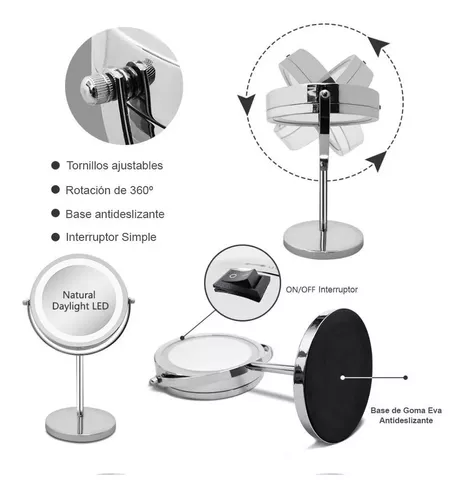 Espejo Para Maquillaje Con Luz Led Metal 17cm Zoom X5 E163