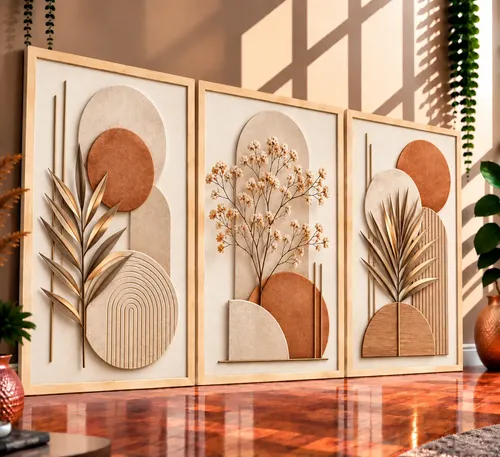Kit 3 Quadros Decorativos Abstratos Modernos Bege Terracota Natural