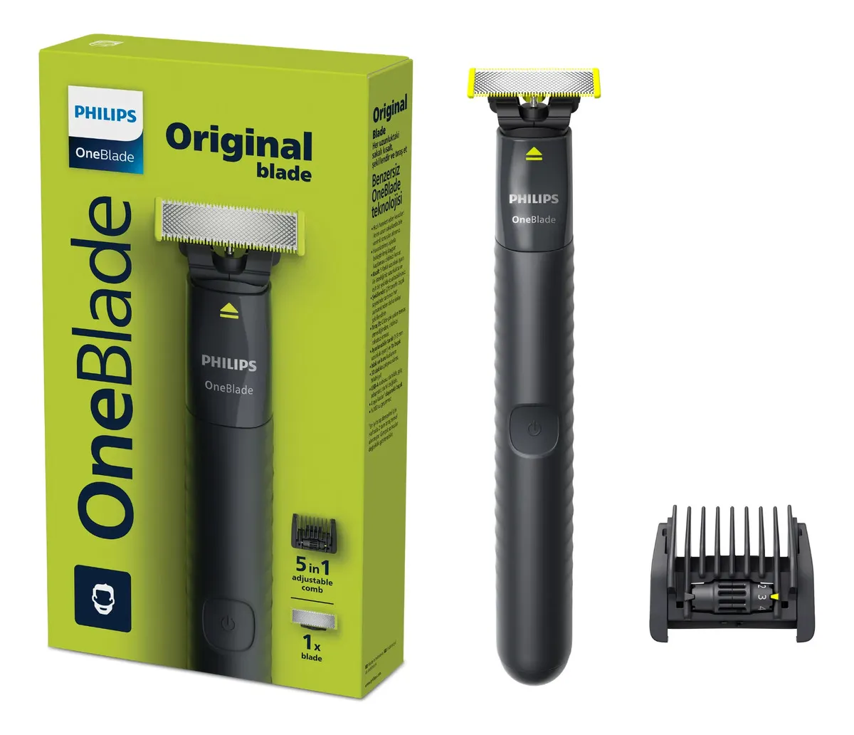 Philips OneBlade Aparador e Barbeador Elétrico com Pente Ajustável 5 em 1 | Raspa, Apara e Contorna | Uso Seco e Molhado | 100% À Prova d'Água | Sem Fio | Bivolt | QP1425/10