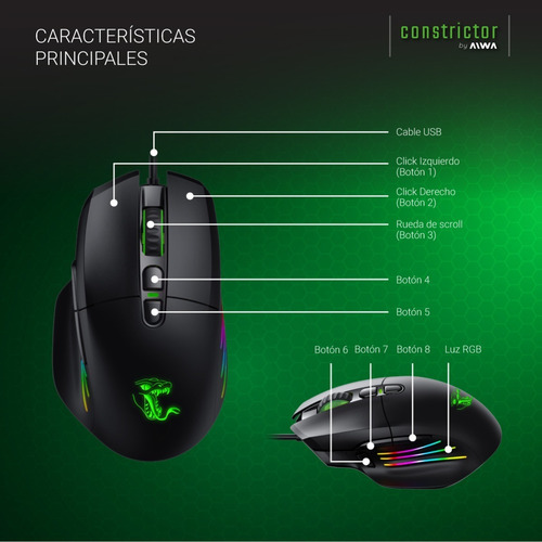 Imagen 6 de 10 de Mouse Gamer Constrictor Rgb 8 Botones 10000 Dpi