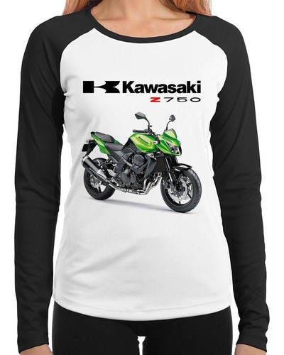 Baby Look Raglan Moto Kawasaki Z 750 Verde Longa