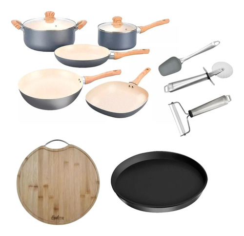 Set 7 Pz Cacerola Olla Pizzera Bifera Wok Hudson Ceramica 