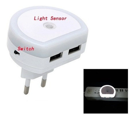 Lámpara Nocturna Sensor Luz - Switch -2 Puertos Usb Cargador