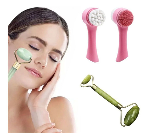 Kit De Limpeza Pele Com Massageador Pedra Jade Escova