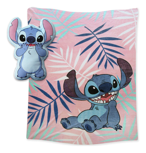 Lilo Y Stitch Set Frazada + Cojín, Alta Calidad, Disney Rosa Hawai