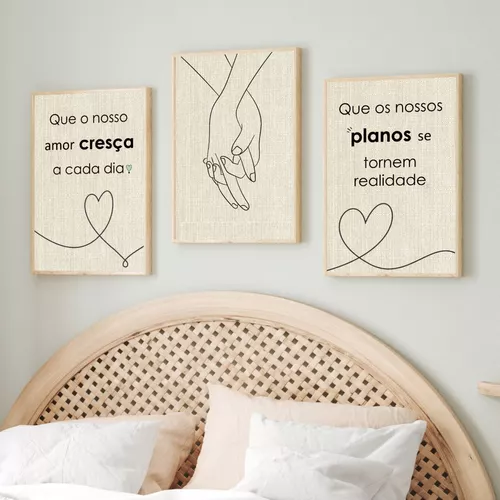 Kit 3 Quadros Decorativos Pôster Frases Quarto Casal Vidro