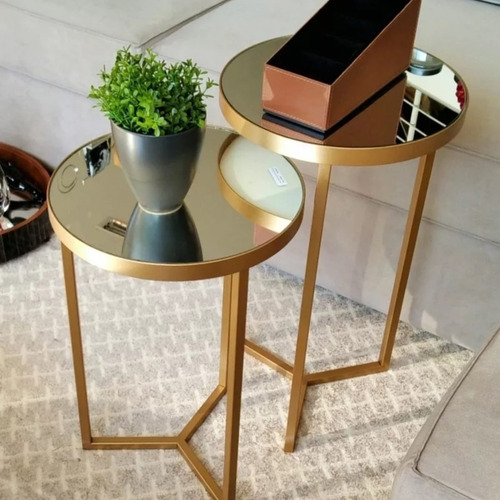 Mesa Lateral Conjunto Com 2 Tampo Espelho Decoração Luxo