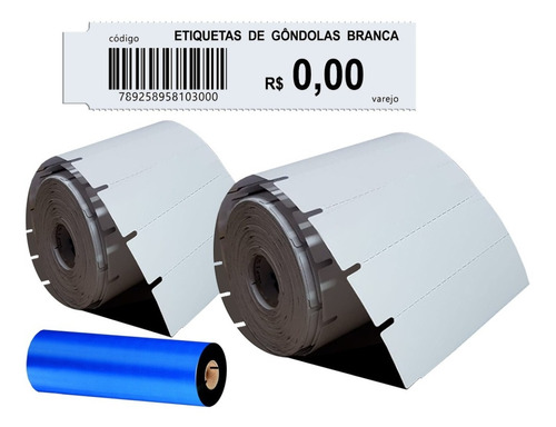 Etiqueta Preço Gondolas 100x30 Branca  Kit 2 Rolos E 1 Ribbo