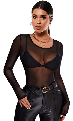 Blusa Mesh Sexy Transparente Moderna Manga Larga