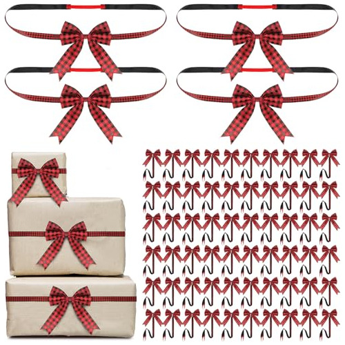 64 Pcs Christmas Buffalo Plaid Elastic Ribbon Stretch L...