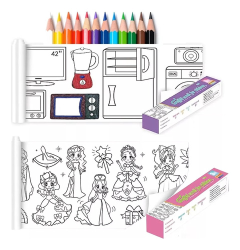 2 Rollo De Papel Para Colorear Y 12 Lápice Manualidades Niño