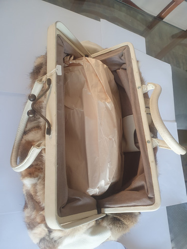 Cartera Bolso Cuero Y Piel Zorro Con Detalles De Vidriera Beige Oro