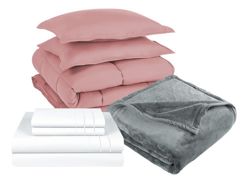 Pack Cobertor Rosa+sabana+frazada Gris King 3 Piezas 3angeli Color Blanco Liso