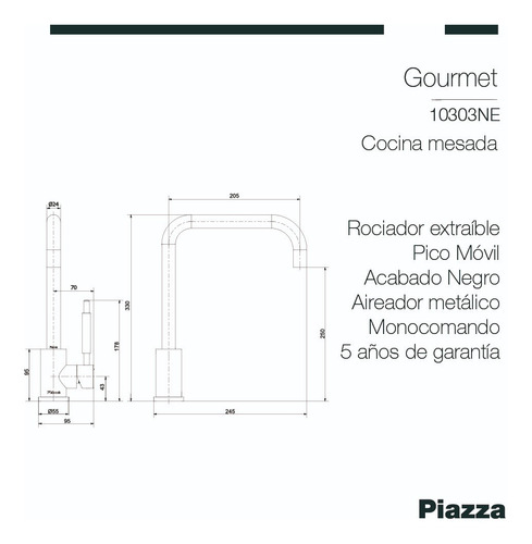Imagen 2 de 6 de Monocomando Cocina Piazza Acero Inoxidable Negro 10303ne