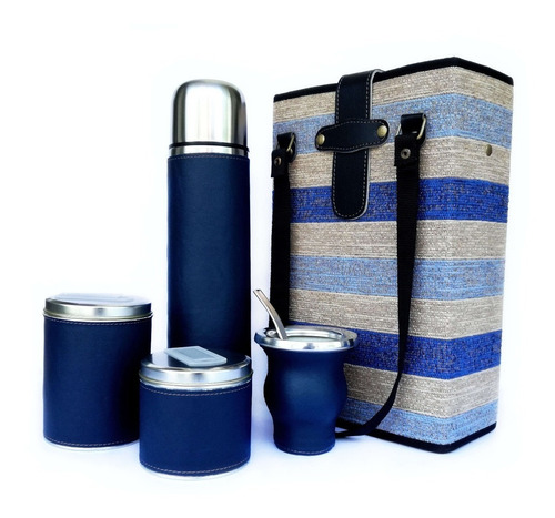 Equipo De Mate Set Matero Completo Rayado Azul Regalo Cumple