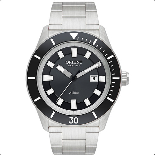 Relógio Orient Masculino Solartech Mbss1499 G1sx Correia Prateado Bisel Preto Fundo Preto