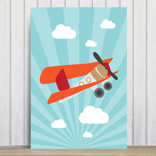 Placa Decorativa Infantil Azul Avião E Nuvens 30x40cm Cor Colorido