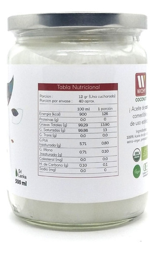 Imagen 2 de 8 de Aceite De Coco Extra Virgen 100% Orgánico 500ml
