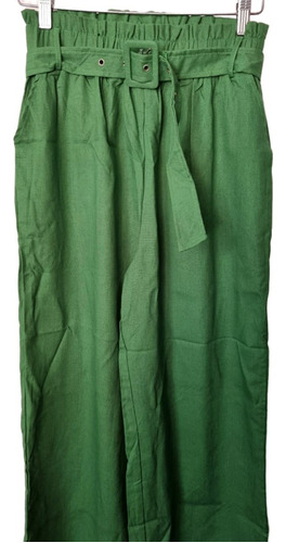 Pantalon De Tela Verde Com Cinturón Mujer