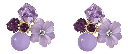 Aretes Plata Con Cristal Opalo Y Flor Purpura