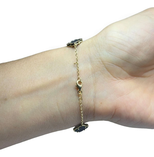 Pulseira Portuguesa Ouro 18k 750 5 Trevos Ônix 12 Mm