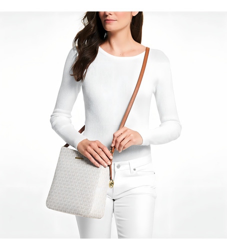 Michael Kors Jet Set Travel Large Logo Messenger Bag Lady Hardware Finish, cor dourada, cor de alça de ombro bege, cor marrom, design de tecido, tela com logotipo impresso