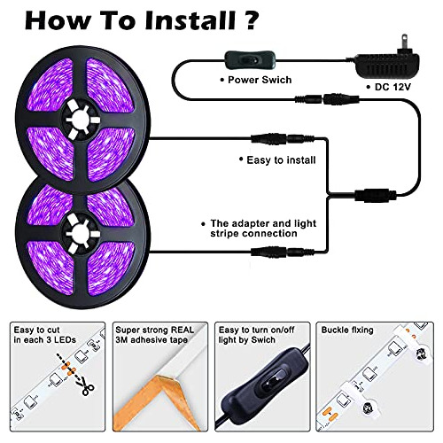 Tira De Luces Negras Led, Kit De 50ft/15m No Impermeabl...