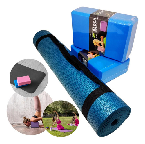 Kit Yoga Pilates, Tapete Esteira Colchonete + 2 Blocos Yoga Cor Azul Petróleo/azul