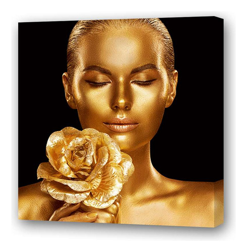 Cuadro 20x20 Cm Mujer Oro Con Flor En La Mano Maquillaje