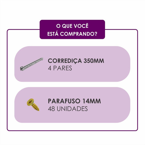 Imagem 3 de 3 de Kit 4 Par Corrediça De Gaveta 35cm Com Parafusos - 4 Gavetas