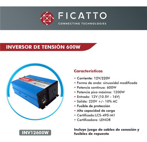 Imagen 2 de 10 de Inversor Corriente 12v/220v 600w Inverter Ficatto