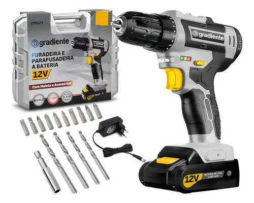 Parafusadeira Furadeira Sem Fio Bateria 3/8 12v Bivolt Para Madeira Metal Gradiente 110v/220v Cinza/preto 50hz/60hz