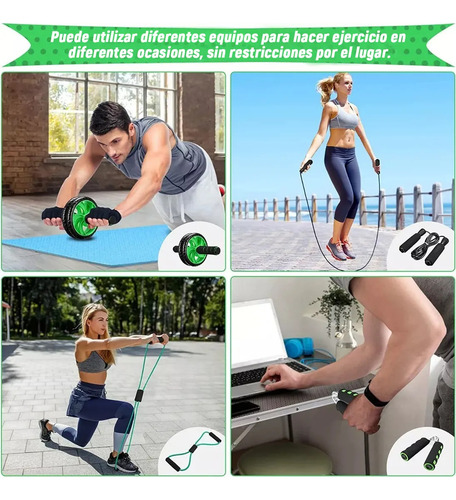 Kit Rueda Abdominal Barras Push-up Cuerda Ejercitado Verde