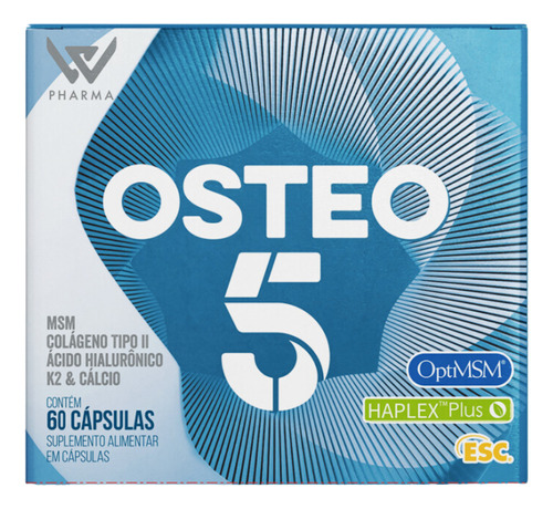 Suplemento OSTEO 5 Colágeno Tipo 2, K2,Cálcio,MSM e Ácido Hialurônico - 60 Cápsulas