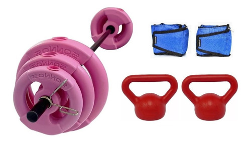 Kit 17 Kg Discos Con Manijas + Tobilleras 1 Kg + Pesas Rusas Color Rosa