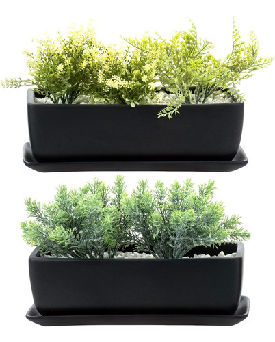 Maceta Rectangular Moderna De Cerámica Negra De 14 Pulgadas