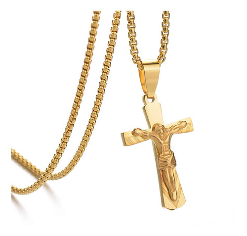 Cadena Cristo Cruz Crucifijo Acero Quirurgico Tipo Oro 18k