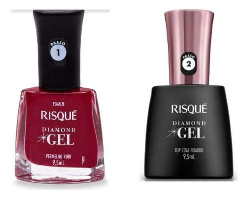 Esmalte Risque Dimond Gel Vermelho Rubí + Top Coat Fijador 