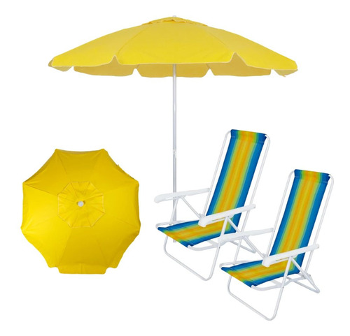 Kit Praia Guarda Sol Amarelo Bagum 1,60 M + 2 Cadeiras