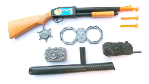 Set De Policía Grande Blister Escopeta Pistola Chapa 6 Balas