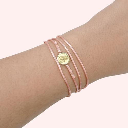 Pulseira Cetim Rosa Pingente Sapatilha Em Ouro 18k