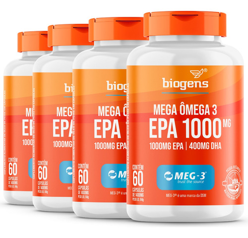 Kit de 4 unidades Mega Omega 3 EPA de 1000 mg, certificado. Meg-3® 60 cápsulas, sabor neutro de Biogens