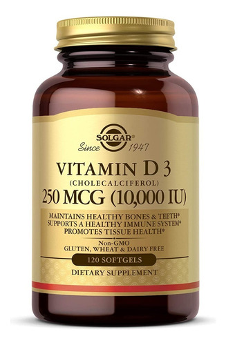 Vitamina D3 250mcg 10000iu 120caps Veganos Solgar Sabor Neutro
