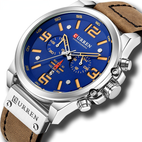 Relógio de couro de luxo Curren para homens, cronógrafo 8314, cor da moldura, branco/azul