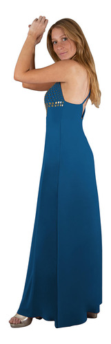 Vestido Largo Berlin Turquesa Lycra Bordado R Maria Paskaro