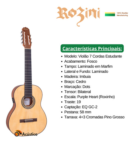 Violão Elétrico Rozini 7 Cordas Estudante Fosco Rx207 Capa