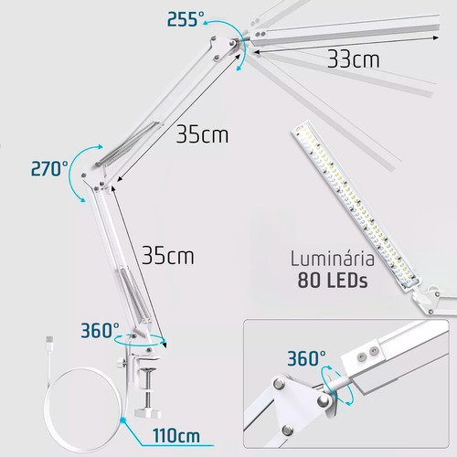 Luminária Mesa Barra Articulada Base Fixa E Garra Luz Led