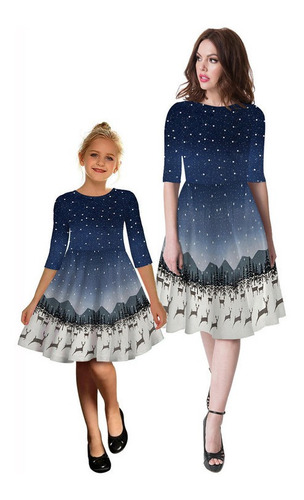 Vestido De Fiesta Para Madre E Hija Estampado Navideño De 1