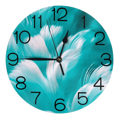 Reloj Pared Pluma Azul Turquesa Silencioso Tictac Redondo